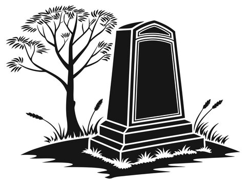 Black and white tombstone with a tree in a graveyard