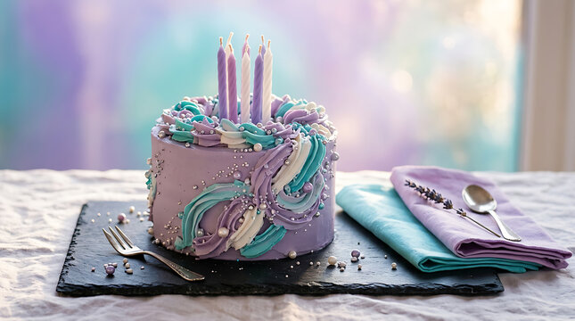 Colorful birthday cake with pastel frosting and candles on a dar