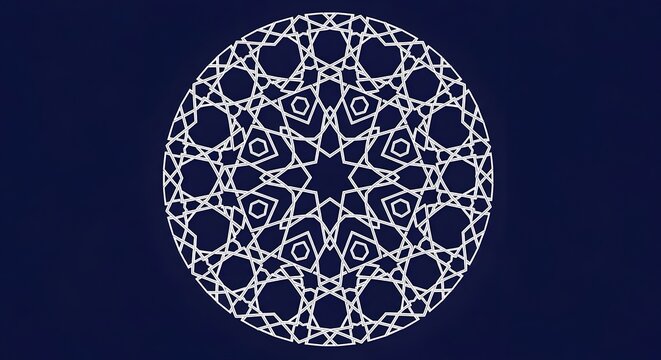 Geometric mandala pattern on dark blue background with sacred geometry, circular