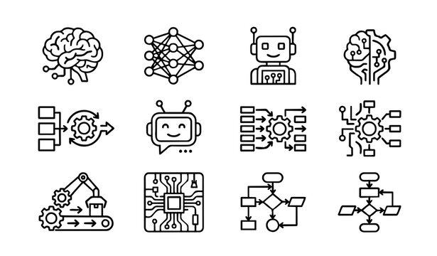 Artificial intelligence icon set with digital brain neural network robot chatbot computer chip automation workflows and machine learning process flowcharts