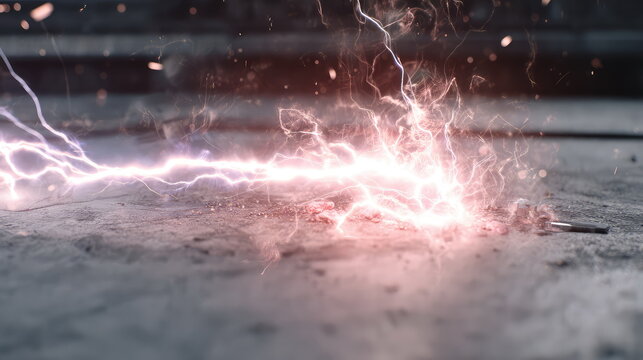 Intense electrical discharge striking a concrete surface, generating a bright spark and light spreading across the rough texture, symbolizing powerful energy and impact