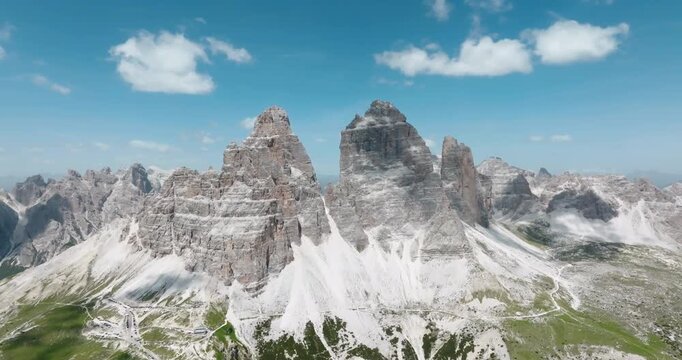 Aerial view of the Three Peaks of Lavaredo in the Sexten Dolomites, Italy