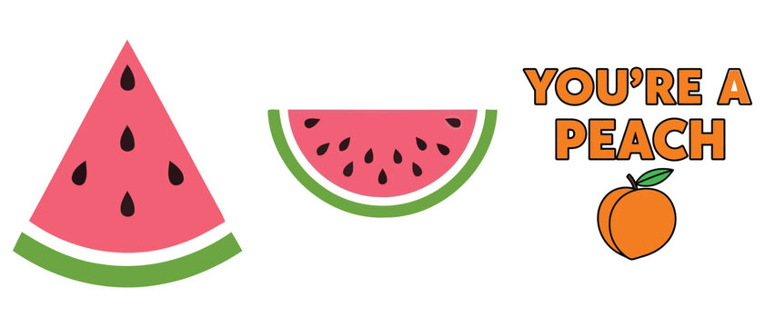 Cute summer fruit illustration set with watermelon slices and youre a peach pun text quote graphic