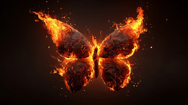 Butterfly made of fire with glowing orange and yellow flames on a dark black background