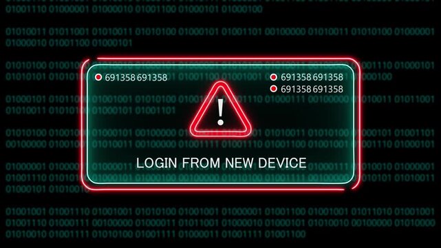login from new device computer hacking warning, message hacked alert warning hacked alert blackmailing virus, countdown until deletion computer security alert on binary cod background. 