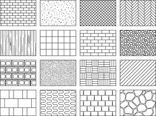 AD hatch texture swatch collection, architectural construction material patterns including brick, tile, stone, wood and paving fills for site plans, sections and blueprint drawings © PrimePixel Co