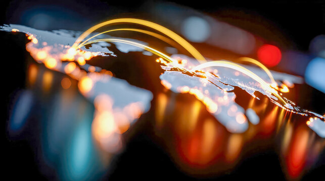 Glowing world map with golden data connections, representing global networking, communication, logistics, and digital connectivity