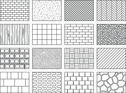 AD hatch texture swatch collection, architectural construction material patterns including brick, tile, stone, wood and paving fills for site plans, sections and blueprint drawings