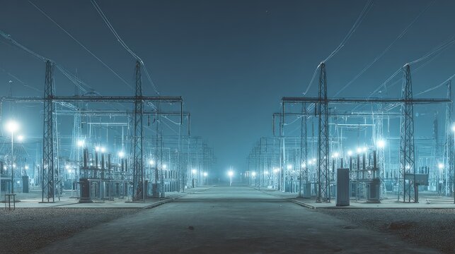 Illuminated power station with complex network of high voltage transmission lines and transformers, generating and distributing energy through electrical grids