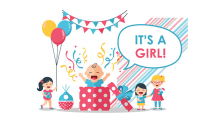 Naklejka premium Festive baby shower celebration scene for a newborn girl featuring happy children, balloons, confetti, and a large polka dot gift box.