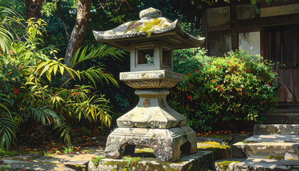 Fototapeta premium Stone lantern stands amidst lush greenery in a serene outdoor garden setting