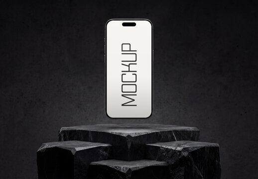 Smartphone Floating Over Black Stone Podium Mockup with Dark Aesthetic