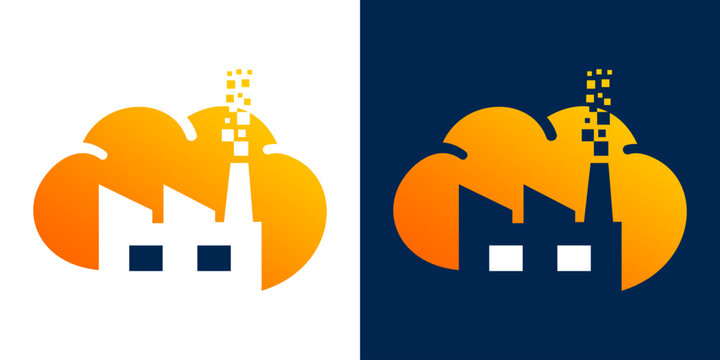 A stylized logo depicts a factory silhouette integrated within a cloud shape. Smoke rising from the factory chimney is represented by digital pixels, symbolizing cloud computing and industry.
