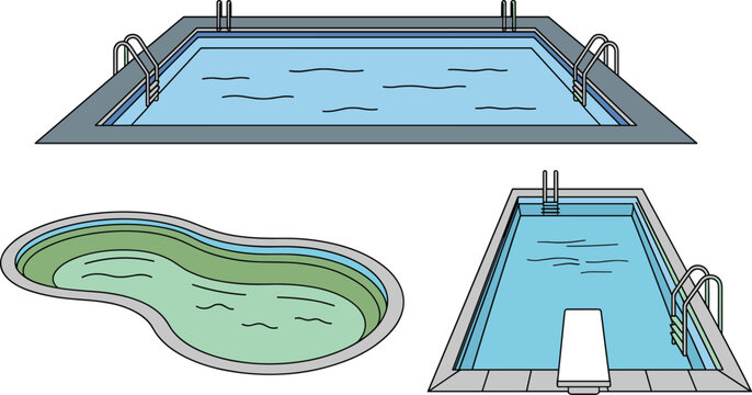 Vector illustration of different swimming pool designs including rectangular, kidney‑shaped, and diving board pool