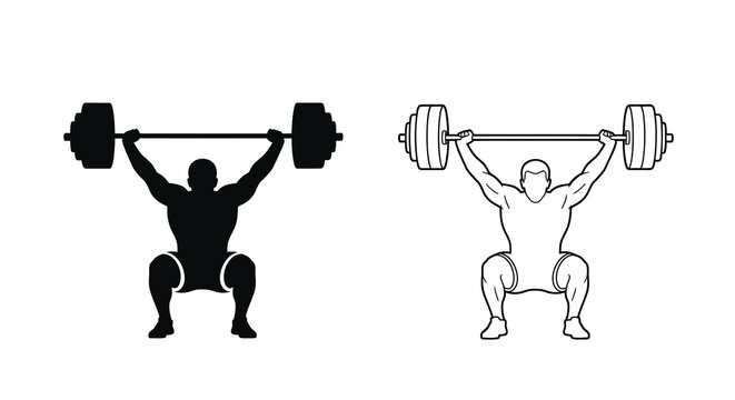 weightlifter silhouette and line drawing lifting barbell overhead