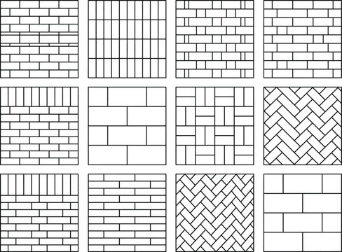 Masonry bond hatch texture collection, CAD brick and paving pattern swatches for architectural elevations, floor plans and construction drafting