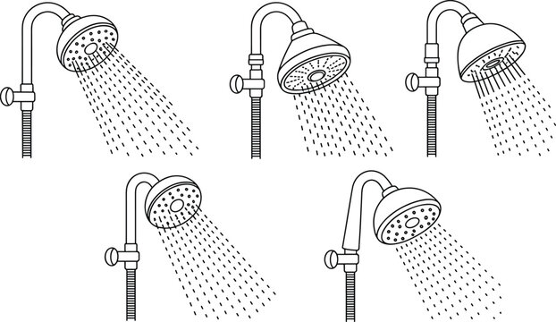 Vector illustration of different showerhead designs with varied spray patterns, valves, and flexible hoses