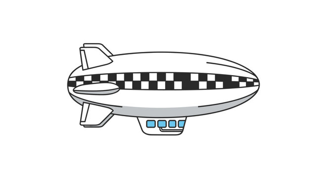Side view illustration of a white dirigible airship or blimp with checkered patterns and windows flying through the sky.