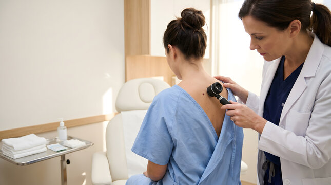 Dermatologist examining woman back for moles, Handheld dermatoscope screening, Private spa clinic, Preventive skin health exam, Negative space