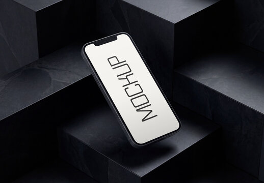 Smartphone on Geometric Black Marble Blocks Mockup with Premium Dark Aesthetic