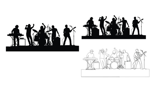 Band performing on stage silhouette illustration with white background