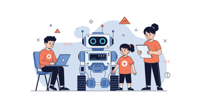 Group of three children using a laptop and a tablet to program and interact with a large and complex modern robot in a lab.