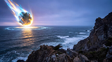 Scorching asteroid hitting ocean surface near rocky cliff. Flaming meteor falling from sky causing massive impact wave. Cosmic catastrophe and space disaster concept in earth nature.