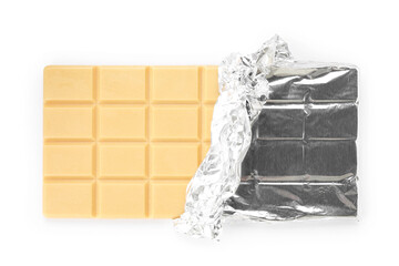 Obraz premium One tasty chocolate bar wrapped in foil isolated on white, top view