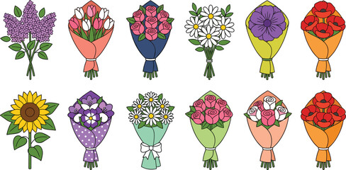 Large Set of Twelve Hand Tied Flower Bouquet Illustrations Featuring Roses Tulips Sunflowers and Daisies in Decorative Gift Wrapping for Romantic Celebrations and Spring Greetings © rumi