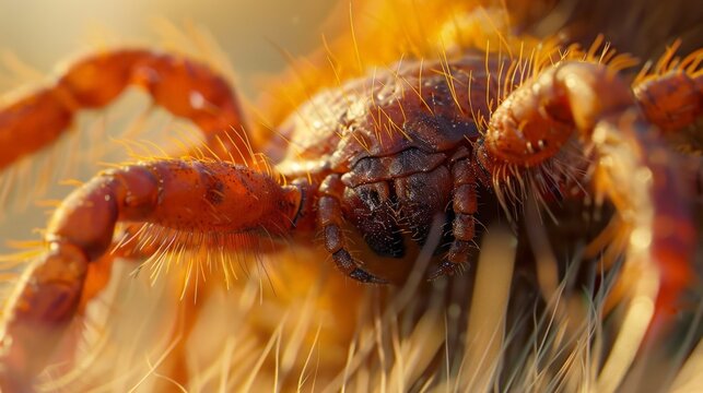 Close-up of a hairy, reddish-brown mite on dry grass. Fuzzy body and legs show intricate textures and details. Sunlight enhances warm, golden tones across the scene. Perfect for nature, biology