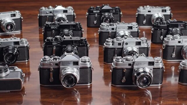 Collection of Vintage SLR Cameras Arranged on Wooden Surface