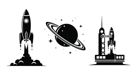 Space exploration themed silhouettes featuring a rocket planet and launchpad silhouette high quality professional detailed modern elegant stylish clean crisp vibrant © GDOthoi02