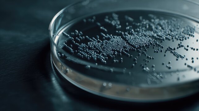 Microscopic bacteria or microorganisms are growing and multiplying in a petri dish, forming a cell culture for scientific research and medical study in a laboratory setting