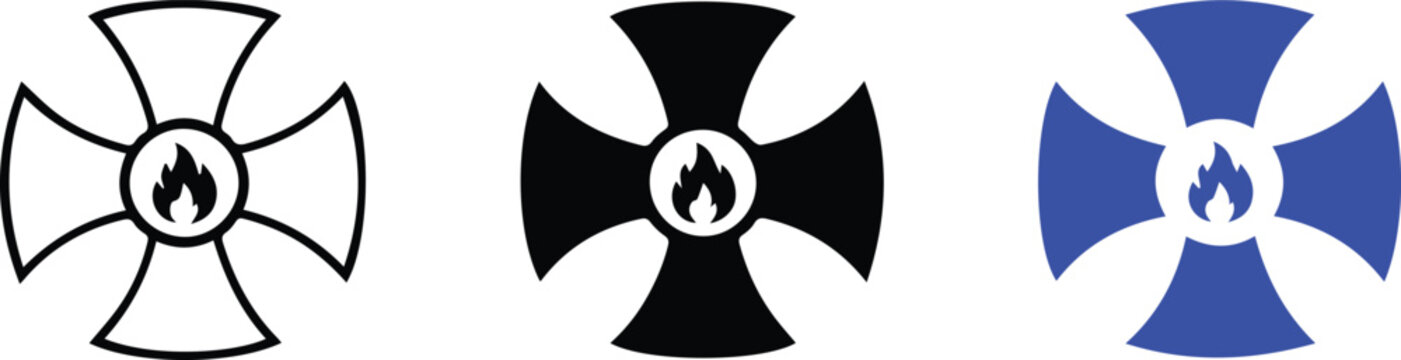 Set of three fire cross symbols in outline solid and blue colors
