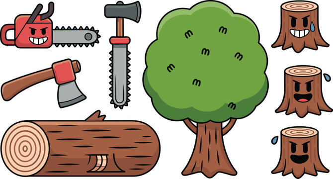 Woodcutting illustration showing chainsaw, axe, saw, tree, stumps, and logging awareness design variations