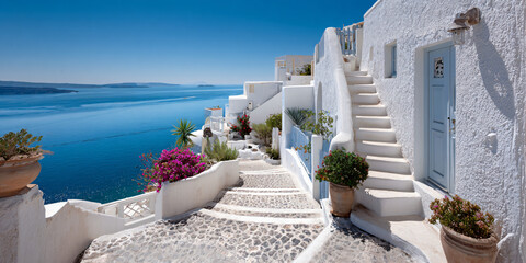 Fototapeta premium A charming, sun-kissed architectural streetscape, showcasing a stunning coastal view with white washed buildings, inviting stairs, and vibrant blooms, promising a picturesque travel experience.