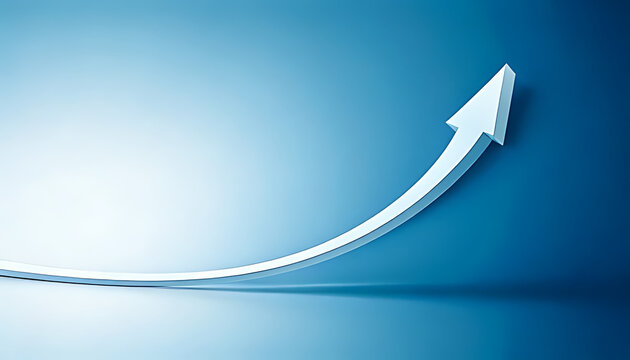 A bright white upward arrow growing on a blue background representing business success and financial growth