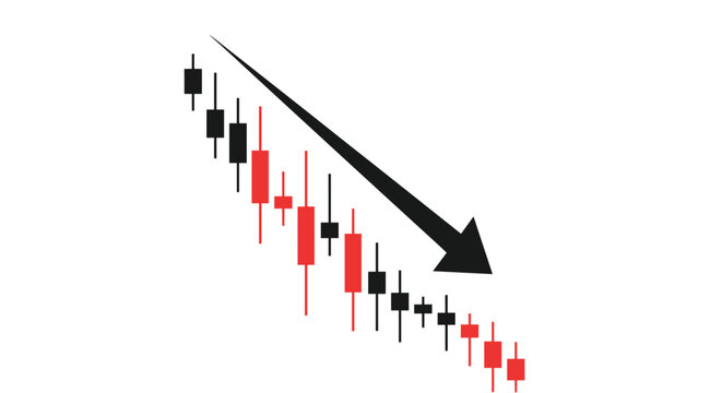 Stock market candlestick chart showing a sharp downward trend with a large black arrow pointing towards a financial crisis or loss.