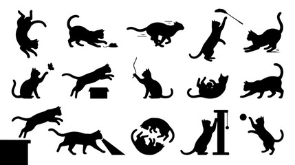 Obraz premium Playful cat silhouette icon set with active poses jumping running and hunting