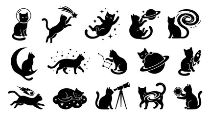 Fototapeta premium A whimsical collection of black cat silhouettes engaged in various space and astronomy-related activities, perfect for cosmic and magical designs.