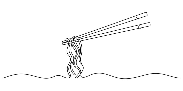 Continuous single line drawing of noodle with chopsticks in a minimalist style for asian food restaurant logo and menu design element Vector, illustration