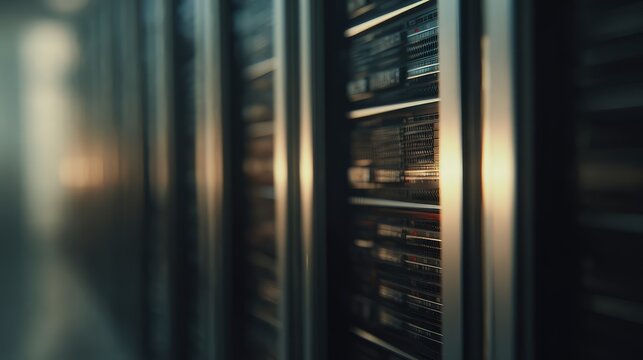 Server racks with blinking lights illuminating a secure data center, providing critical infrastructure for cloud computing, internet networks, and digital information storage