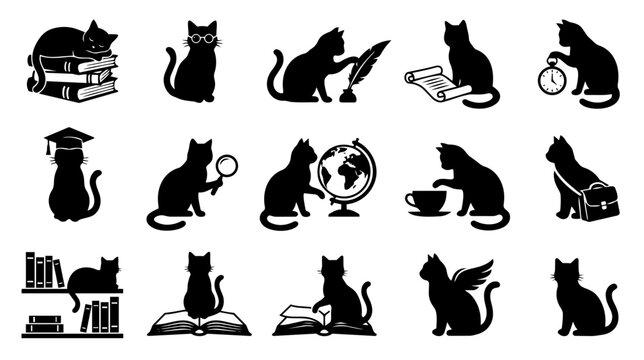 Academic cat silhouette icon set with books education and literature themes
