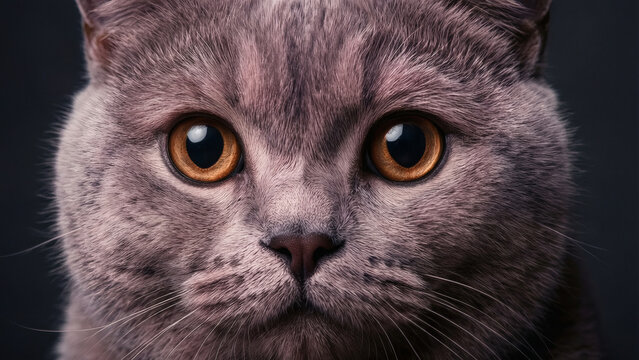 Portrait rapproch&eacute; de chat british shorthair gris aux yeux ambre fixant l'objectif