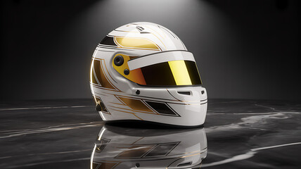 Fototapeta premium Sleek White and Gold Racing Helmet with Mirrored Visor on Reflective Marble Surface