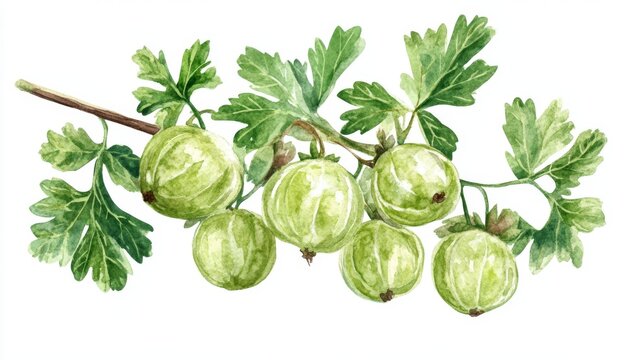 Fresh green gooseberries on a branch with vibrant green leaves showcasing nature's beauty and harvest details
