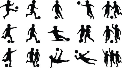 Set of children playing soccer silhouettes isolated on white background kids football player action poses © MS Studio1