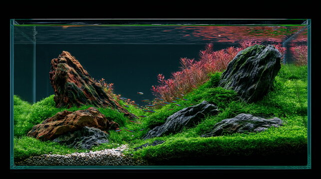 Crystal Clear Aquascape with Lush Green Plants and Vibrant Fish Swimming in Underwater Serenity