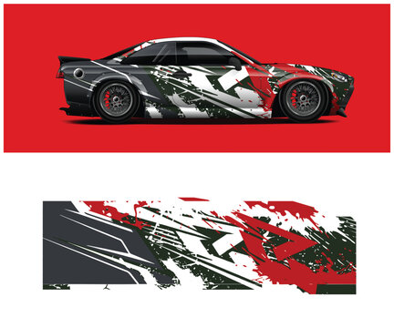 Black and white sports car with camouflage design on red background
