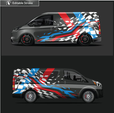 Red white and blue abstract design on a minivan